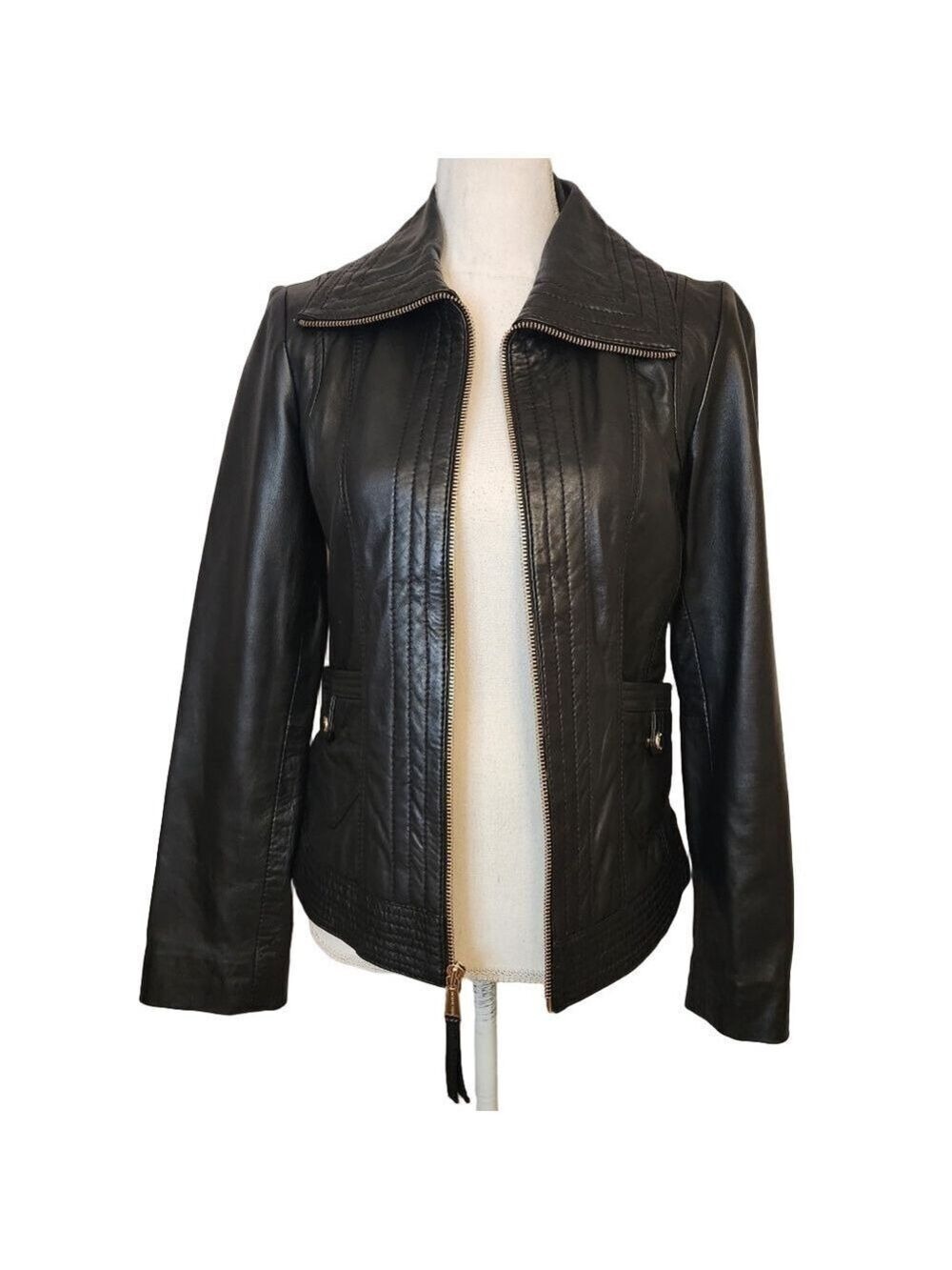 Michael Kors Missy Leather Full Zip Jacket Black Wing Collar Size S - Picture 4 of 13